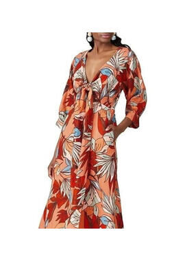 Nicholas Asilah Tropical Floral Linen Midi Dress Orange Tie Front Cutout Size 14